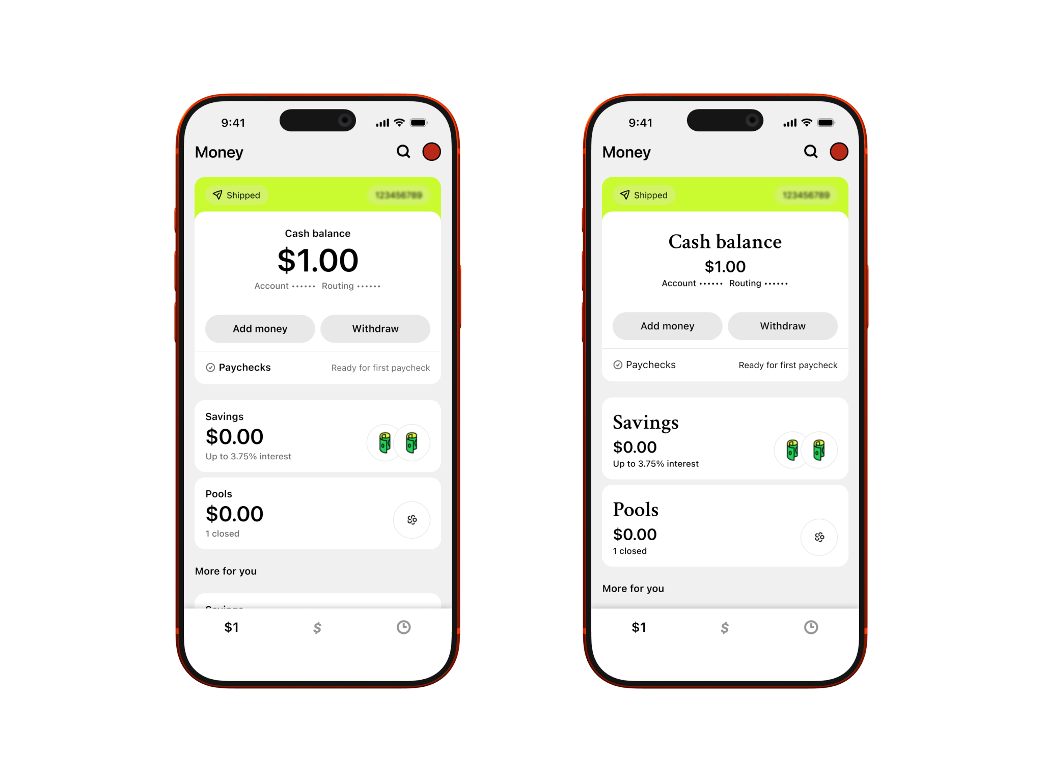 Two versions of the Cash App interface side by side — the left with considered typographic hierarchy, the right with none