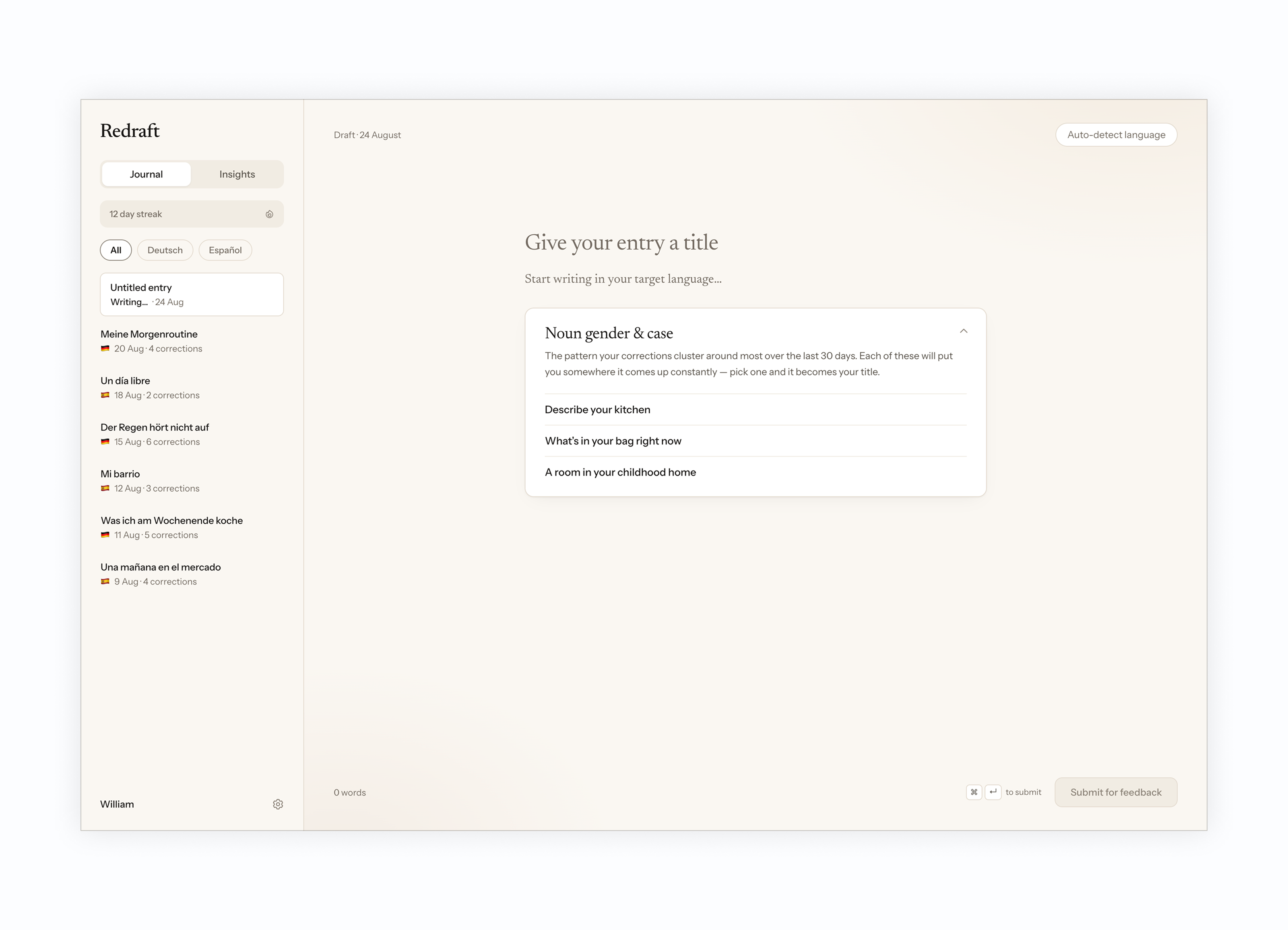 Redraft writing screen with suggested topics based on noun gender and case