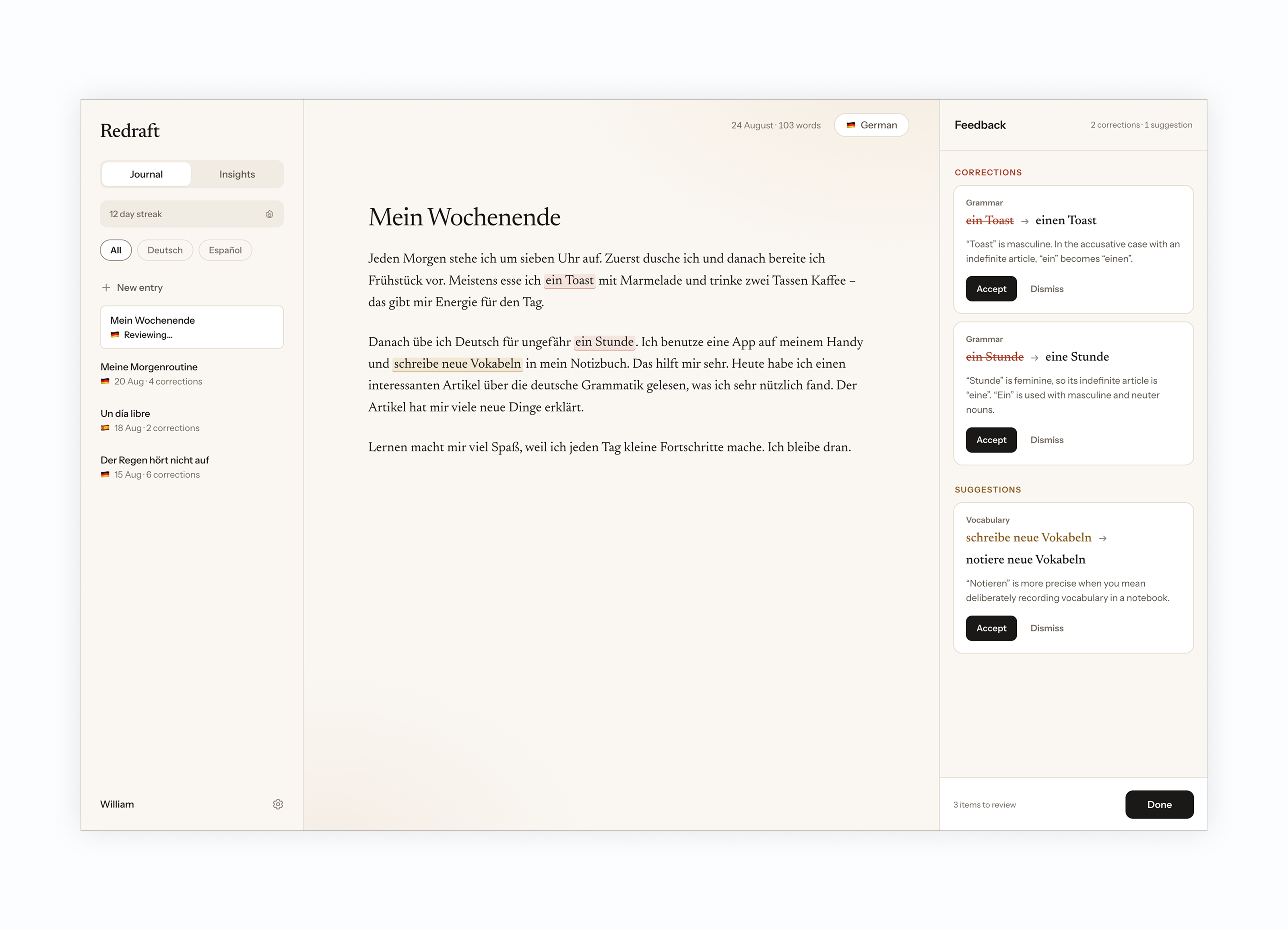 Redraft review screen separating required corrections from optional suggestions