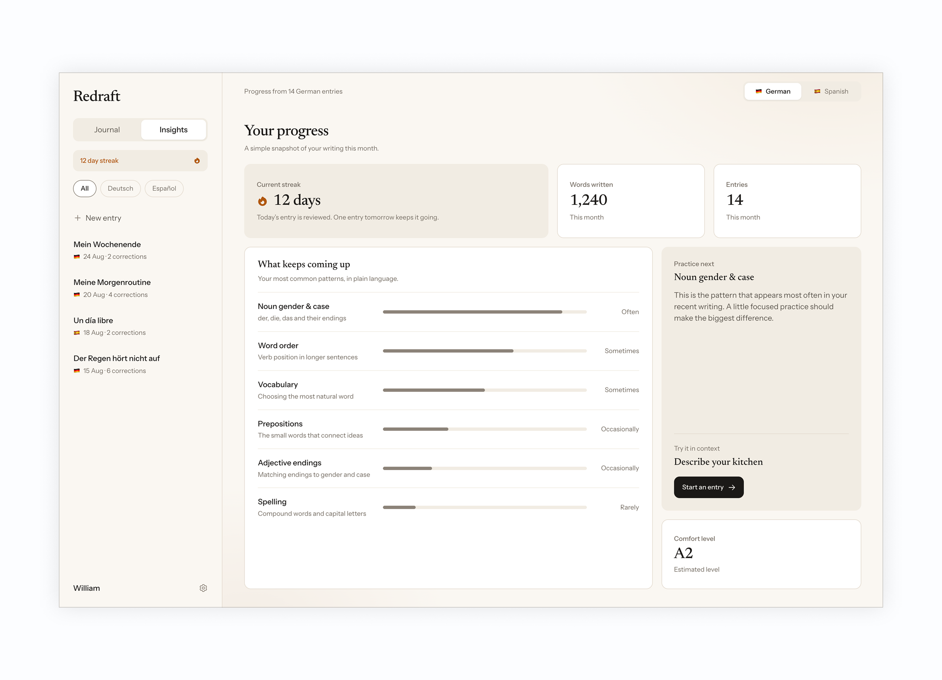 Redraft insights dashboard highlighting recurring mistakes and a focused practice prompt