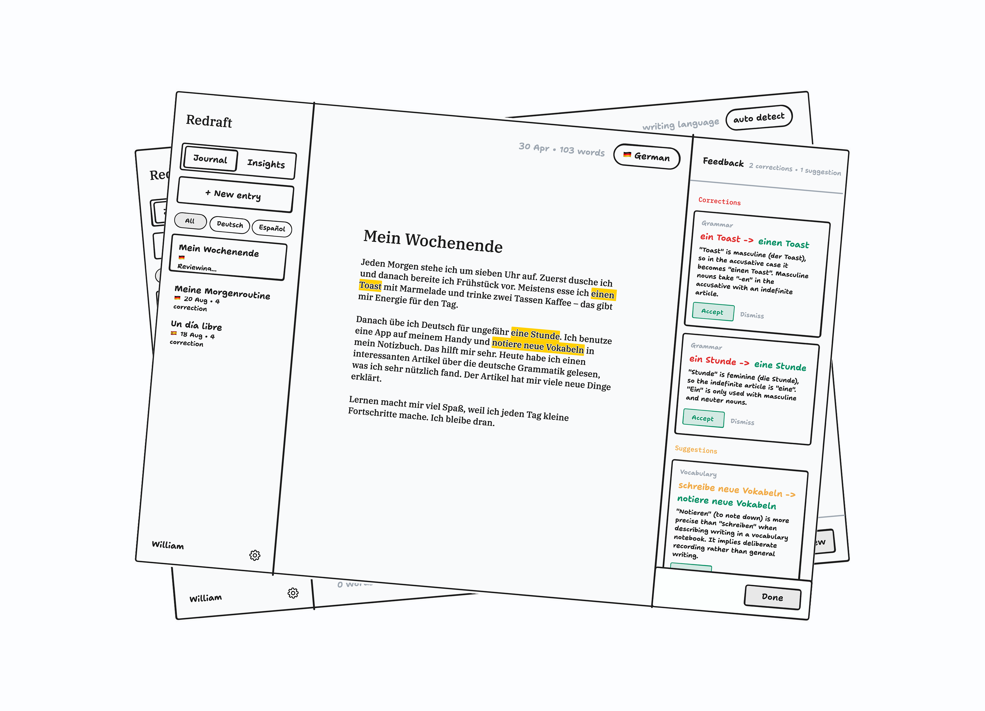 Early Redraft sketches showing journal entries and writing feedback